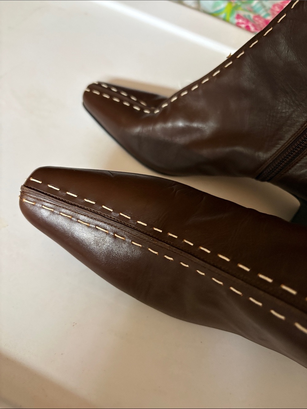 Donald J. Pliner Brown Leather Ankle Boots with Contrast Stitching - Picture 13 of 14